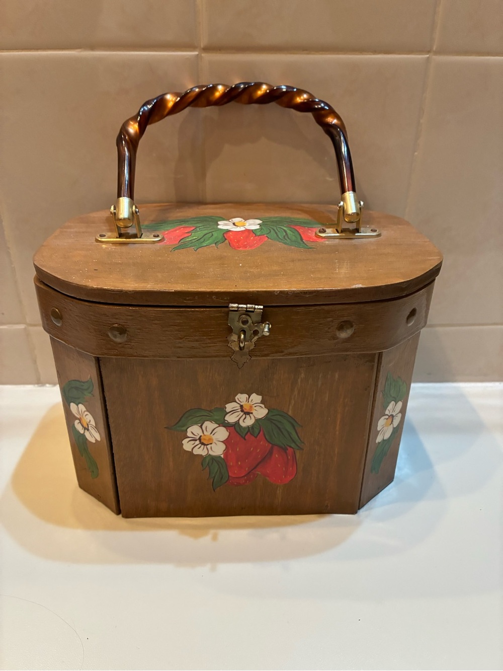 Mid Century Modern Hand-Painted Brown Wooden Strawberries Top-Handle Bag
